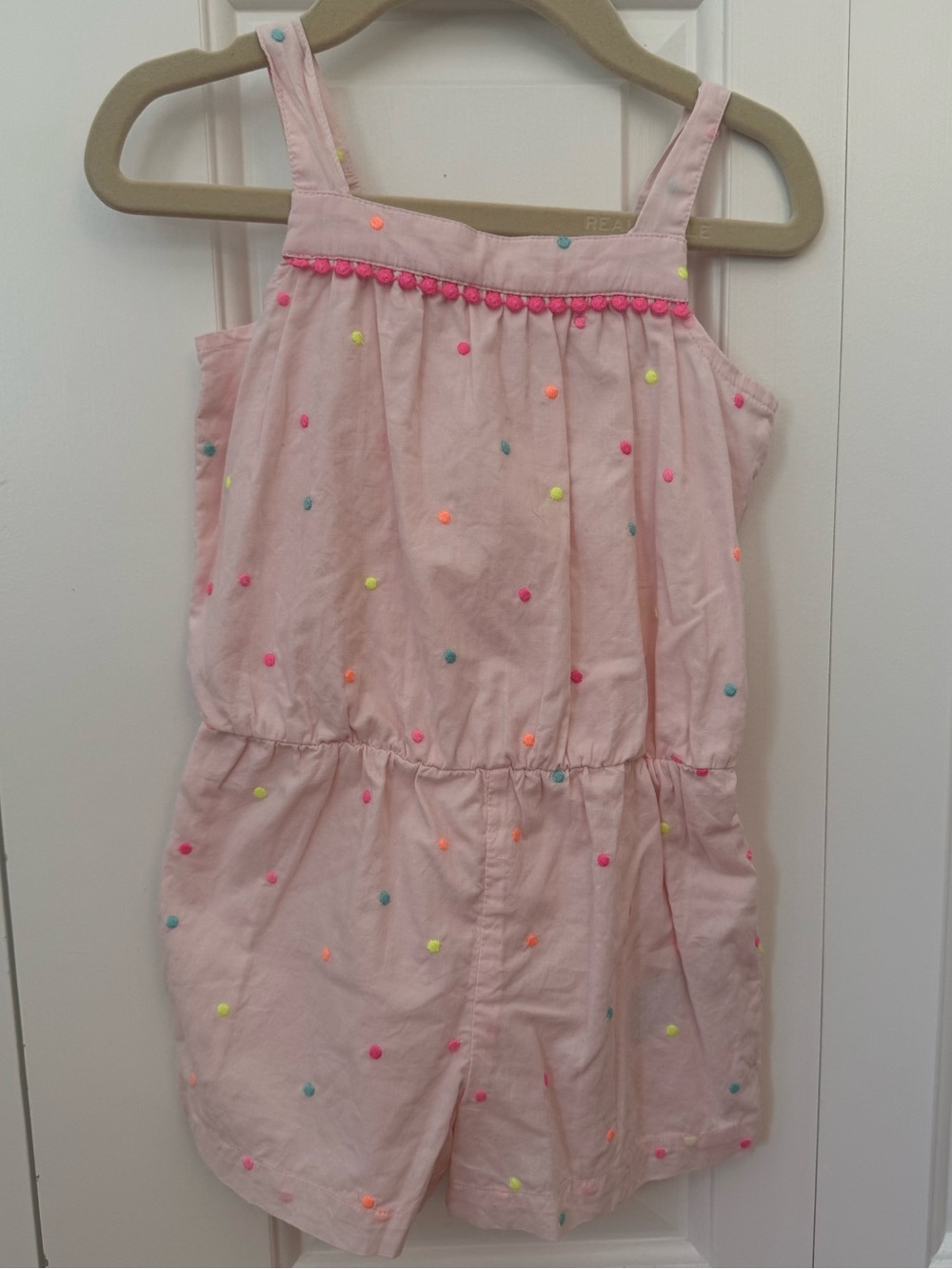 GAP Light Pink Pom-Pom Cotton Romper with Multicolor Dots